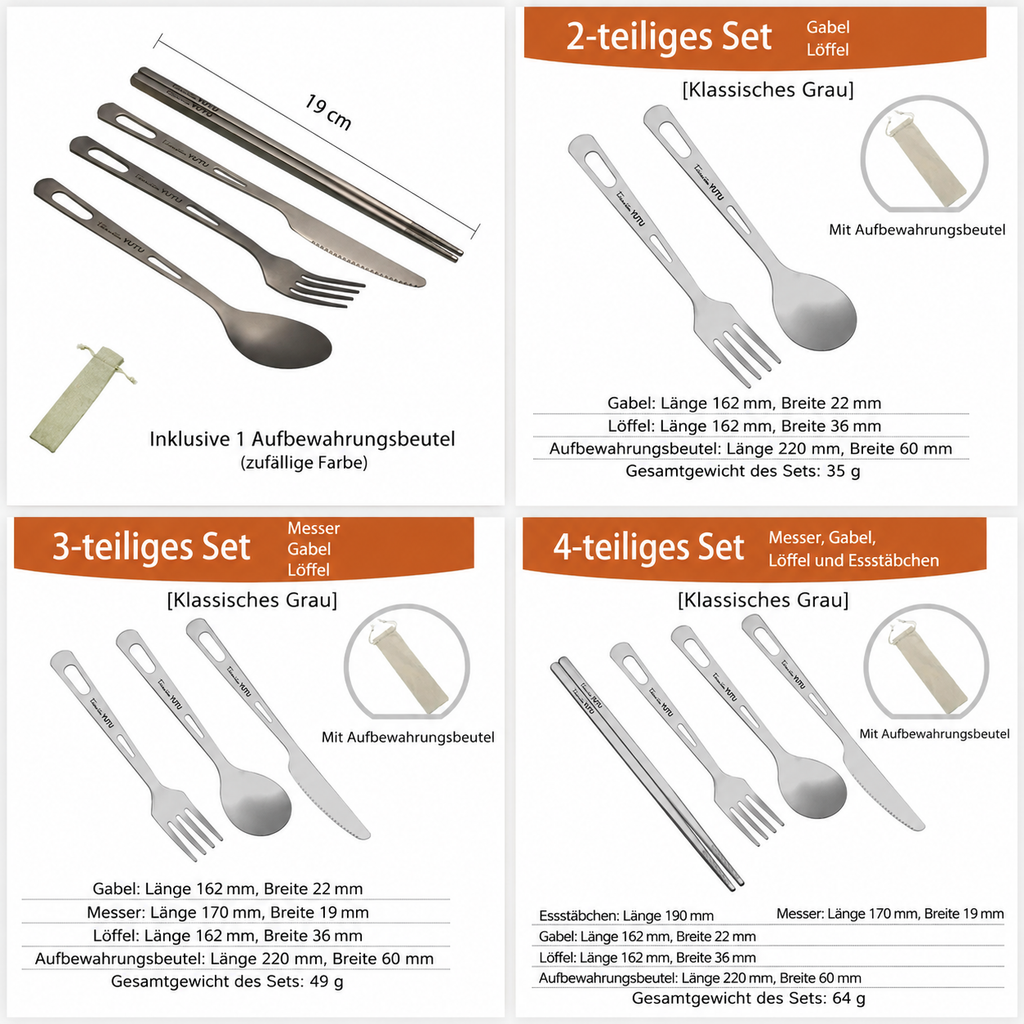 Titan Camping-Besteckset – Gabel, Löffel, Messer & Esstäbchen